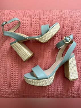 Ana Palma Leather Heeled Sandal Raffia Wrapped Platform Block Heel NEW